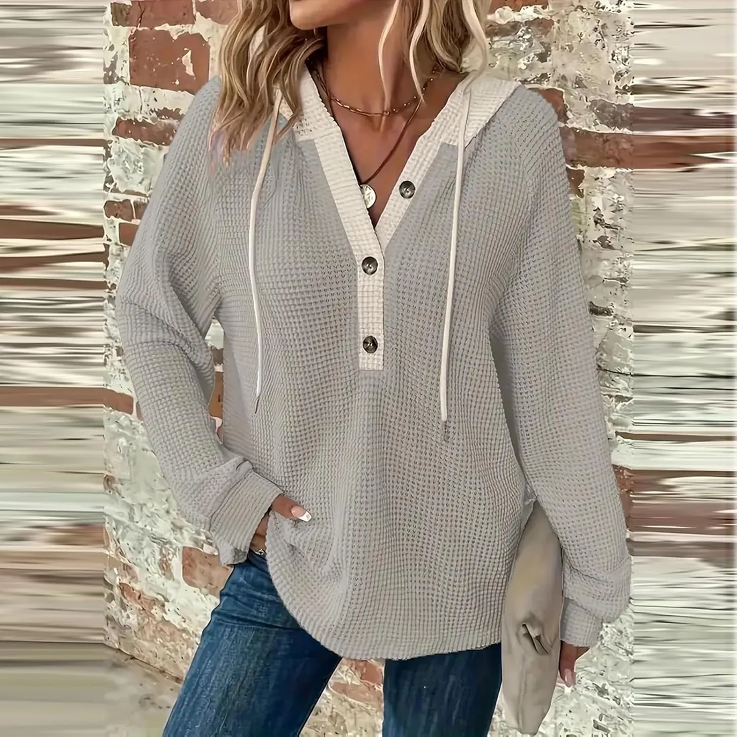 GOFULY Hoodies For Women Trendy Button Henley V-Neck Sweatshirt Waffle Drawstring Hoodie Fall Solid Long Sleeve Pullover