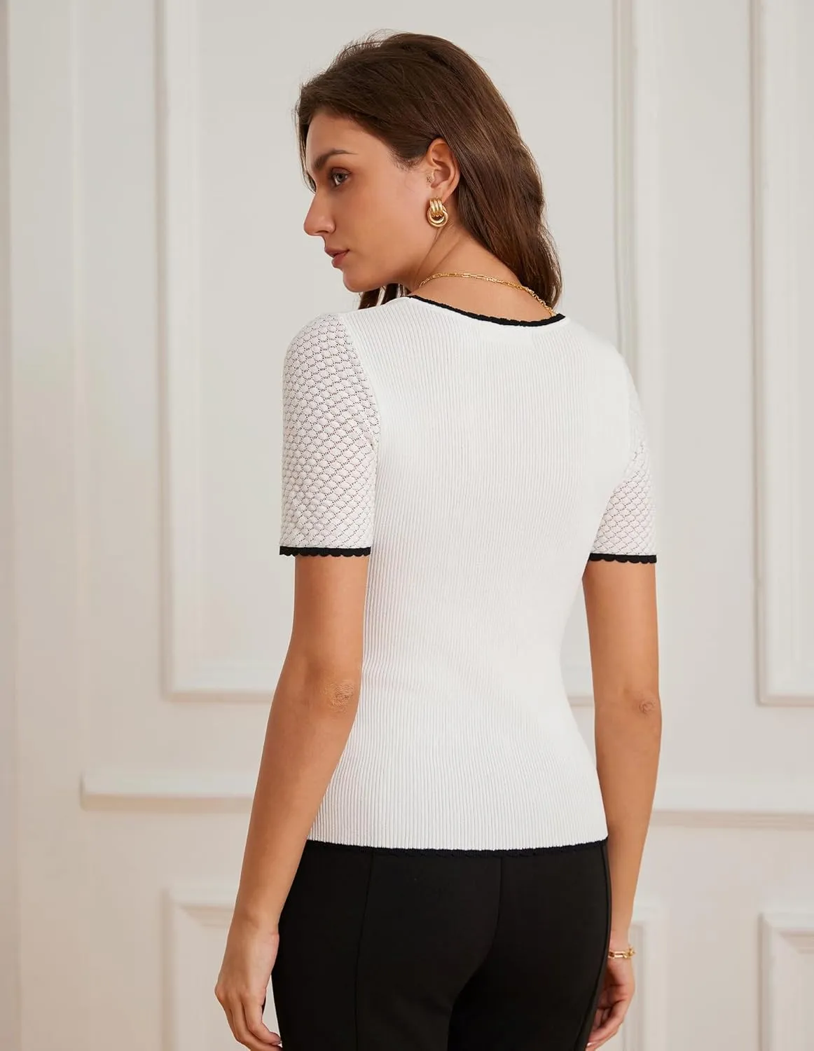 GRACE KARIN Womens Summer Sweater Tops Short Sleeve 2025 Square Neck Color Block Slim Fit Ribbed Knit Basic Tee Tops