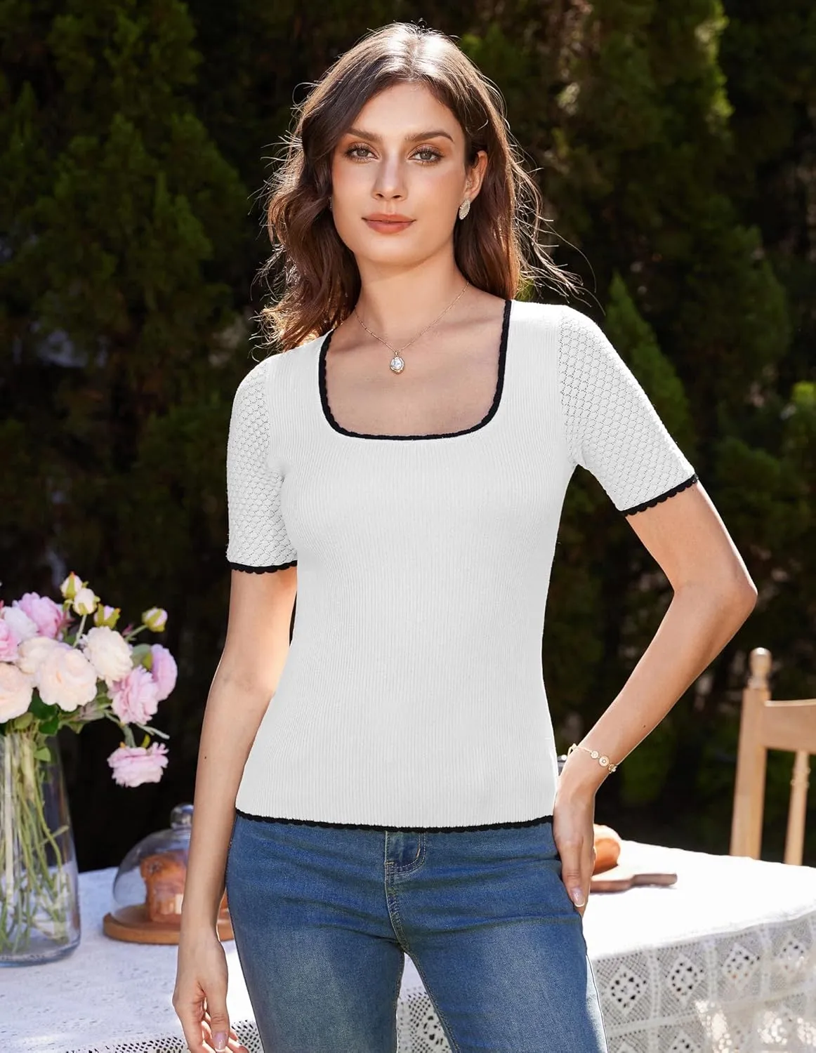 GRACE KARIN Womens Summer Sweater Tops Short Sleeve 2025 Square Neck Color Block Slim Fit Ribbed Knit Basic Tee Tops