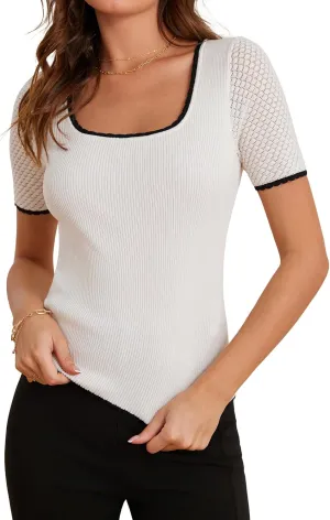 GRACE KARIN Womens Summer Sweater Tops Short Sleeve 2025 Square Neck Color Block Slim Fit Ribbed Knit Basic Tee Tops
