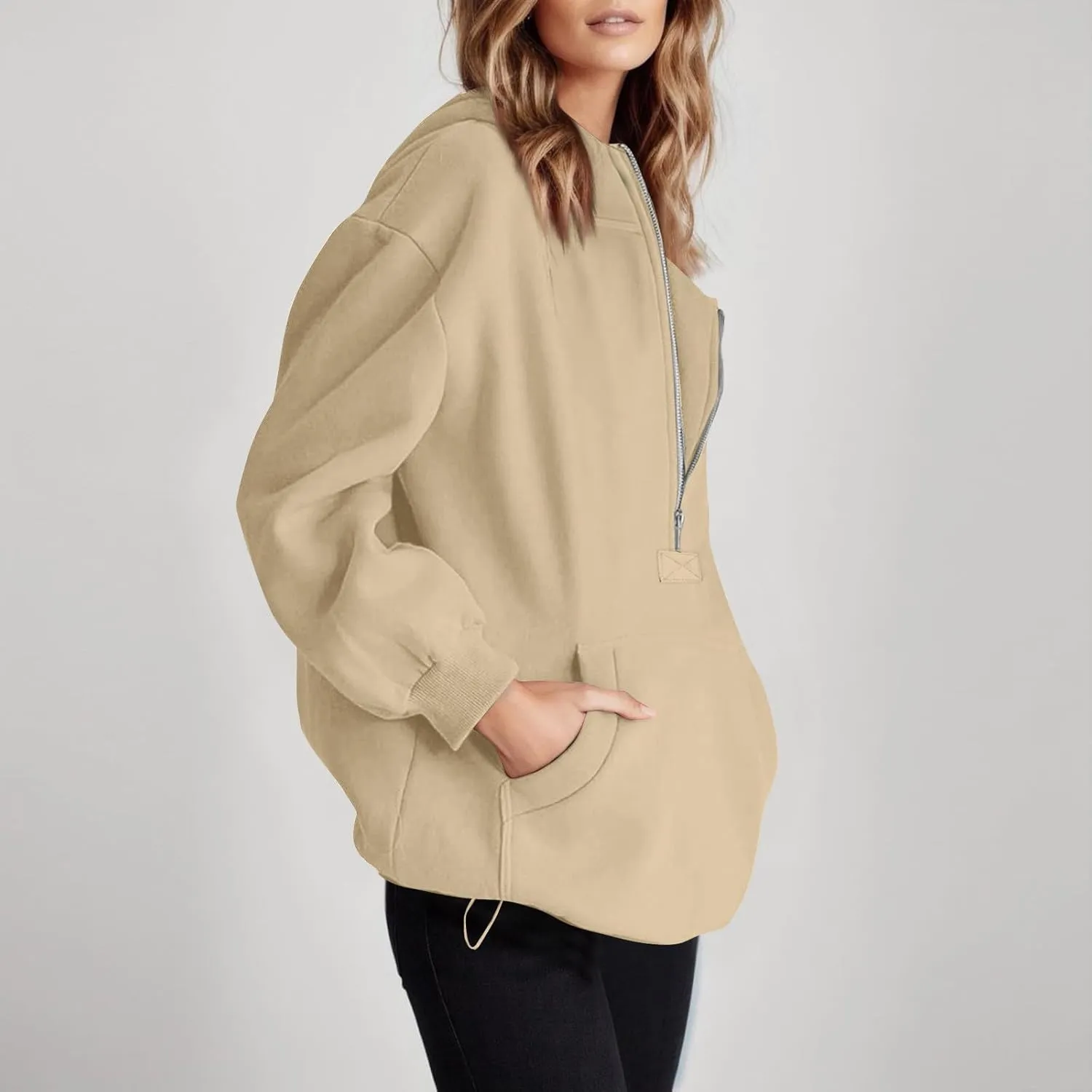 Half Zip Pullover Women Trendy Fleece Quarter Zip Y2k Hoodie Drop Shoulder Baggy Comfy Oversized Sweatshirt w/Pockets