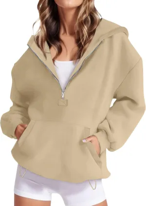 Half Zip Pullover Women Trendy Fleece Quarter Zip Y2k Hoodie Drop Shoulder Baggy Comfy Oversized Sweatshirt w/Pockets