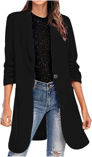HGps8w Women's Long Blazers Casual Open Front Long Sleeve Lapel Suit Jacket Elegant Plain Work Office Blazer Jackets