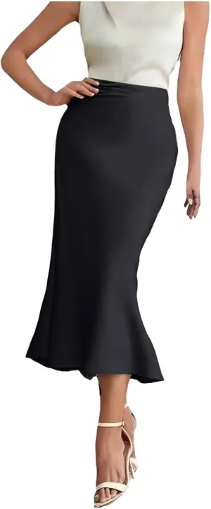 High Waist Ruffled Fishtail Bodycon Maxi Long Skirt for Women Low Rise Sexy Ruched Casual Elastic Waistband