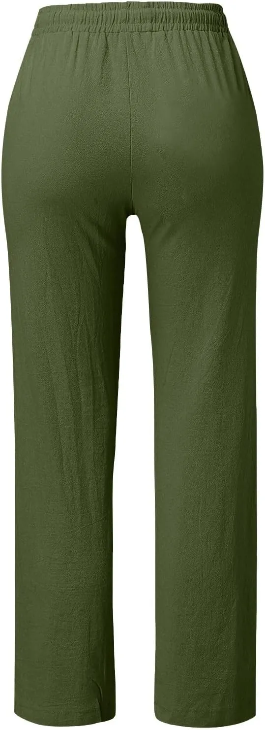 High Waisted Linen Pants Women Summer Boho Cotton Palazzo Pants Casual Summer Wide Leg Flowy Beach Pants with Pockets