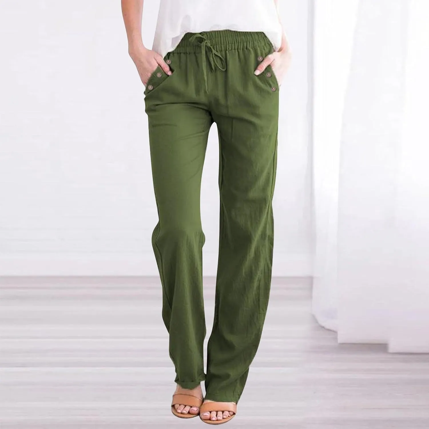 High Waisted Linen Pants Women Summer Boho Cotton Palazzo Pants Casual Summer Wide Leg Flowy Beach Pants with Pockets