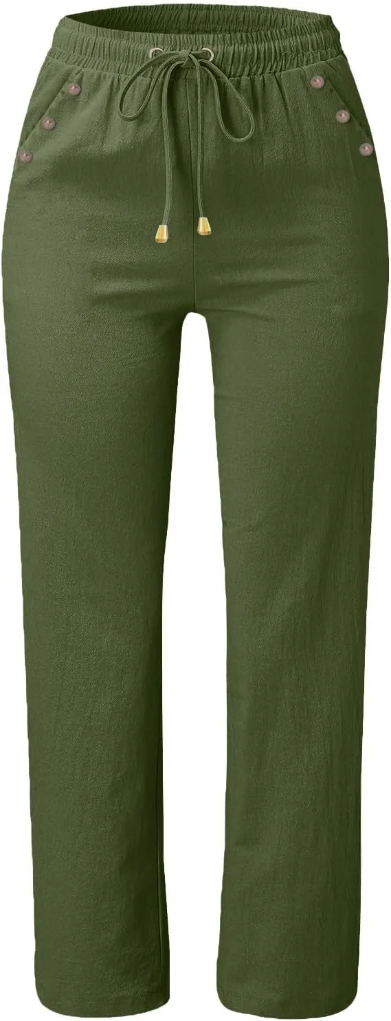 High Waisted Linen Pants Women Summer Boho Cotton Palazzo Pants Casual Summer Wide Leg Flowy Beach Pants with Pockets