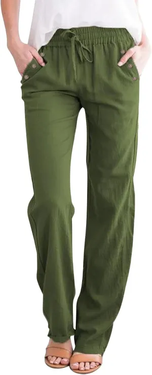 High Waisted Linen Pants Women Summer Boho Cotton Palazzo Pants Casual Summer Wide Leg Flowy Beach Pants with Pockets