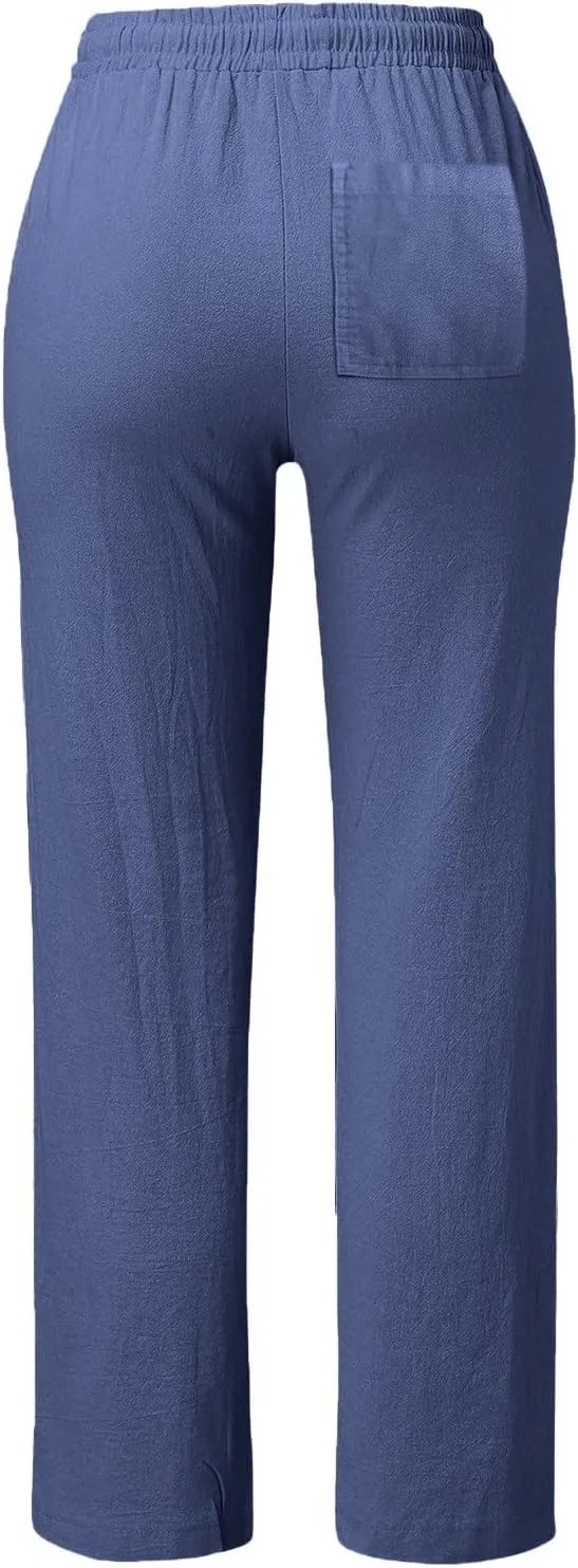 High Waisted Pants For Women Comfy Solid Color Cotton Linen Trousers Straight Leg Lounge Summer Boho Casual Pants