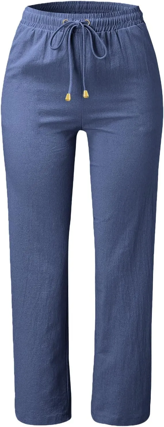 High Waisted Pants For Women Comfy Solid Color Cotton Linen Trousers Straight Leg Lounge Summer Boho Casual Pants