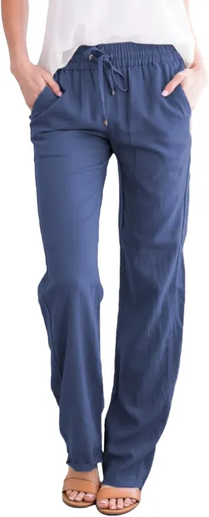 High Waisted Pants For Women Comfy Solid Color Cotton Linen Trousers Straight Leg Lounge Summer Boho Casual Pants