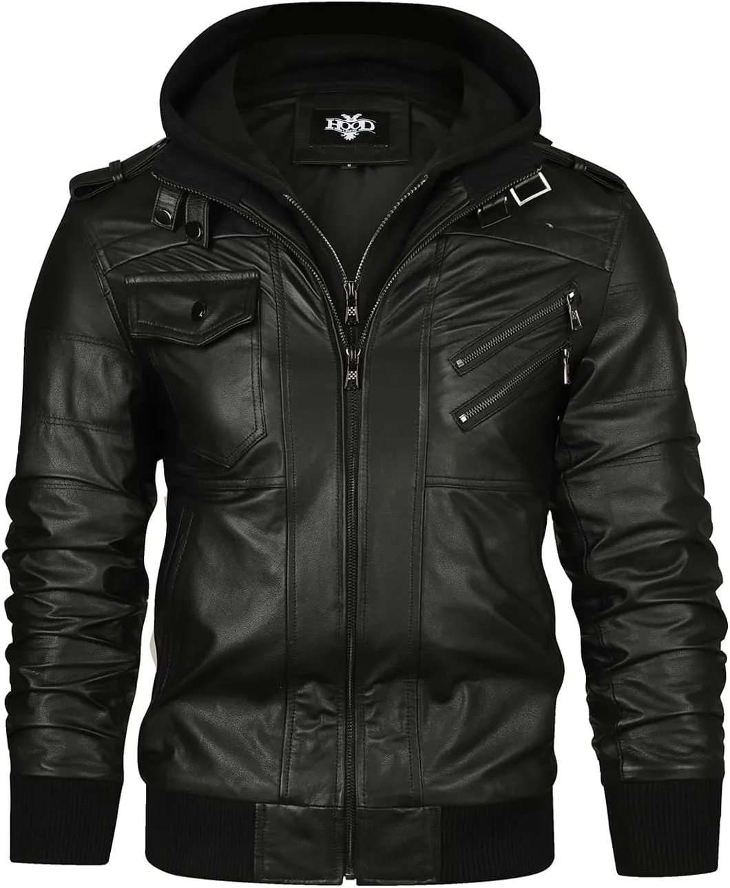 HOOD CREW Mens Genuine Cowhide Leather Jacket Black Hooded Motorcycle Biker Jacket for Men