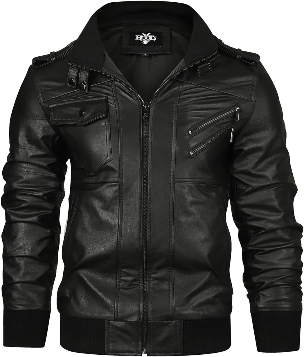 HOOD CREW Mens Genuine Cowhide Leather Jacket Black Hooded Motorcycle Biker Jacket for Men