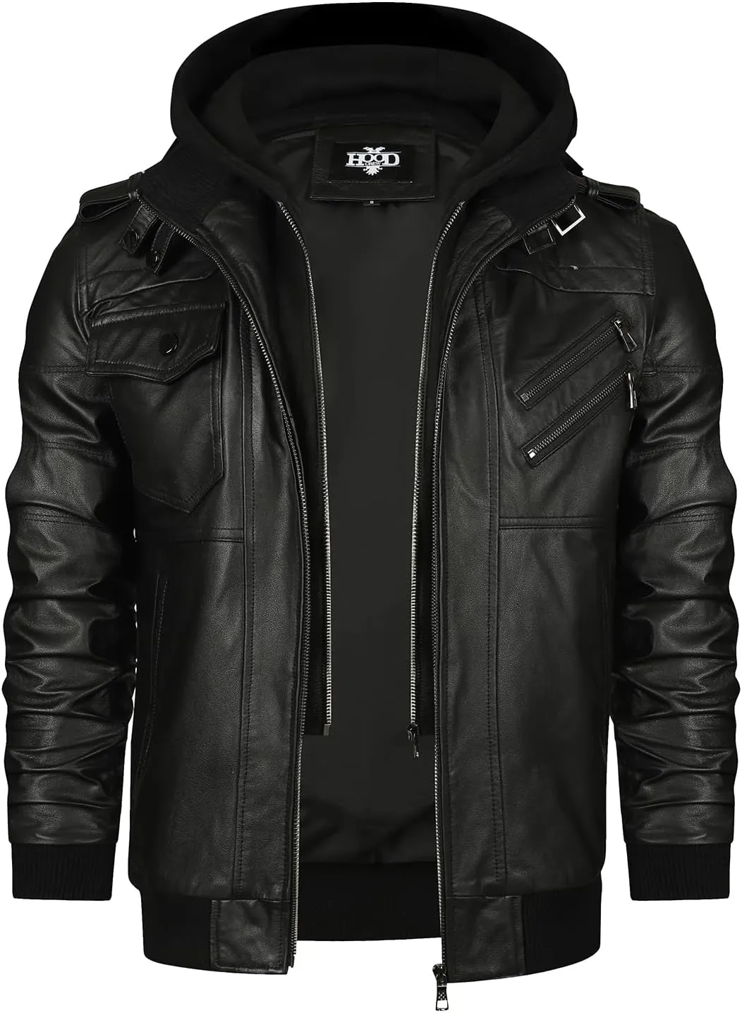 HOOD CREW Mens Genuine Cowhide Leather Jacket Black Hooded Motorcycle Biker Jacket for Men