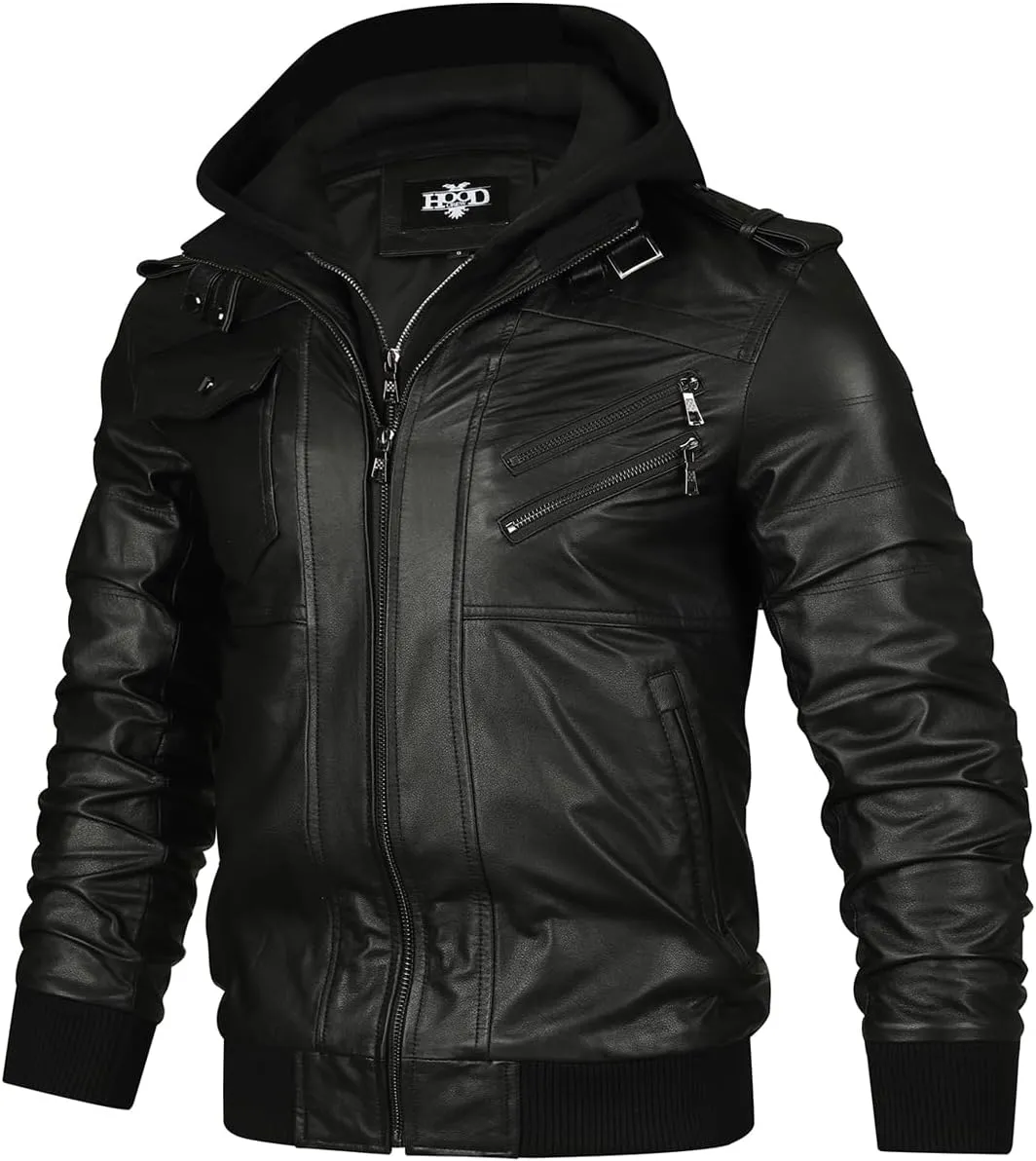 HOOD CREW Mens Genuine Cowhide Leather Jacket Black Hooded Motorcycle Biker Jacket for Men