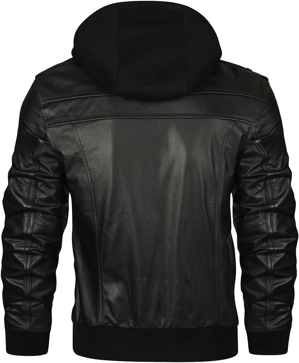 HOOD CREW Mens Genuine Cowhide Leather Jacket Black Hooded Motorcycle Biker Jacket for Men