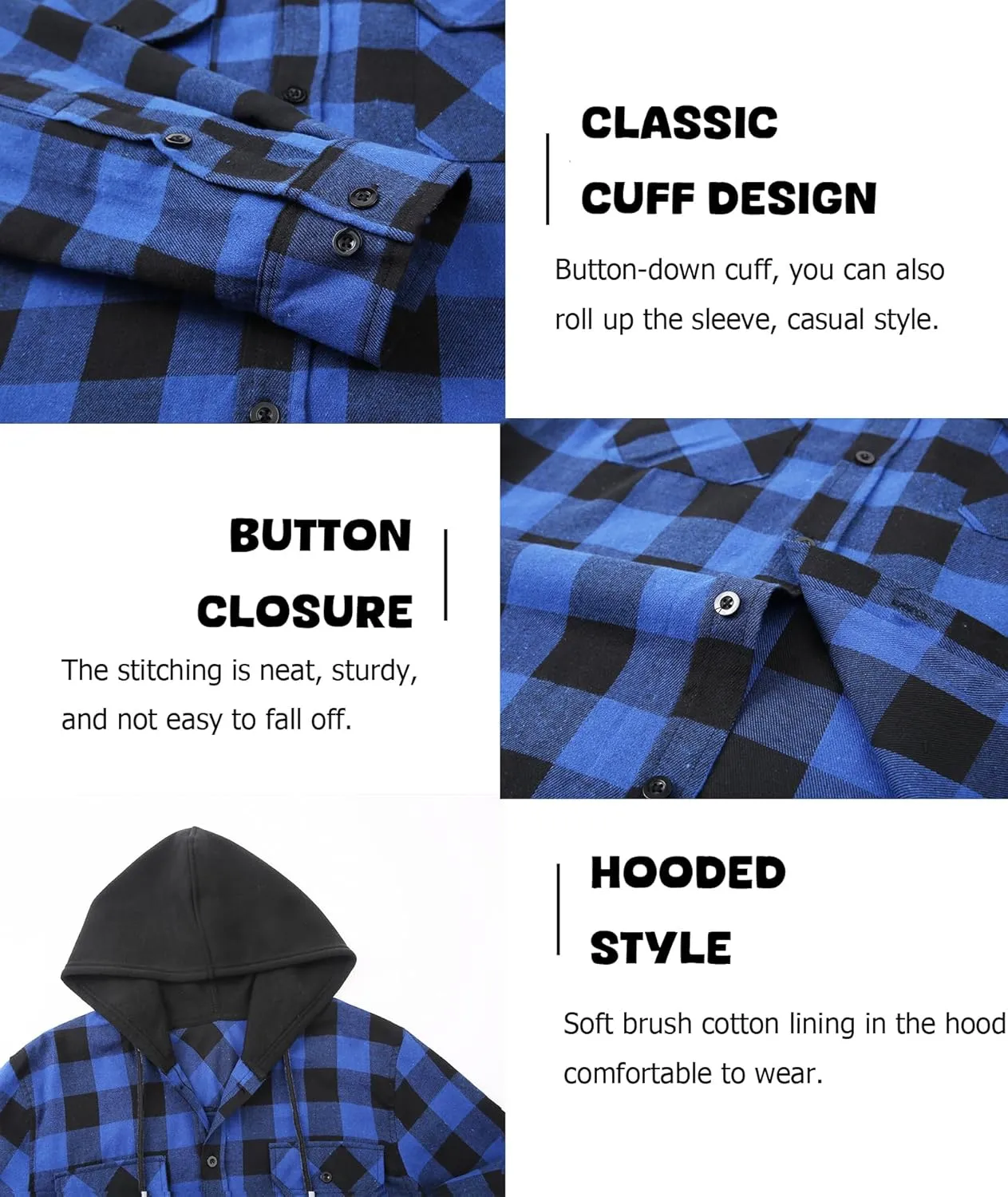Hooded Flannel Shirt for Men, Lightweight Flannel Jacket Long Sleeve Plaid Causal Button Down Shirts with Pocket