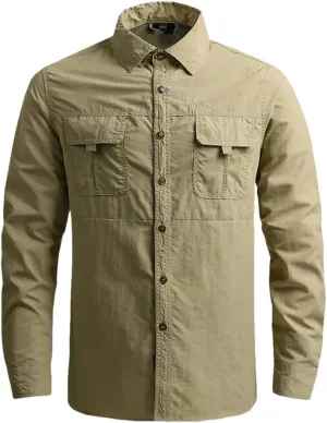 Hot Tactical Hiking Shirts Men Long Sleeve Cargo Work Shirt Summer Outdoor Quick-Dry Military Camping Hunting Fishing Work Shirt Long-Khaki Asian-XXL