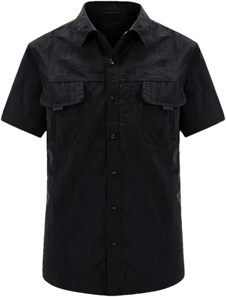 Hot Tactical Hiking Shirts Men Long Sleeve Cargo Work Shirt Summer Outdoor Quick-Dry Military Camping Hunting Fishing Work Shirt Short-Black Asian-XXL