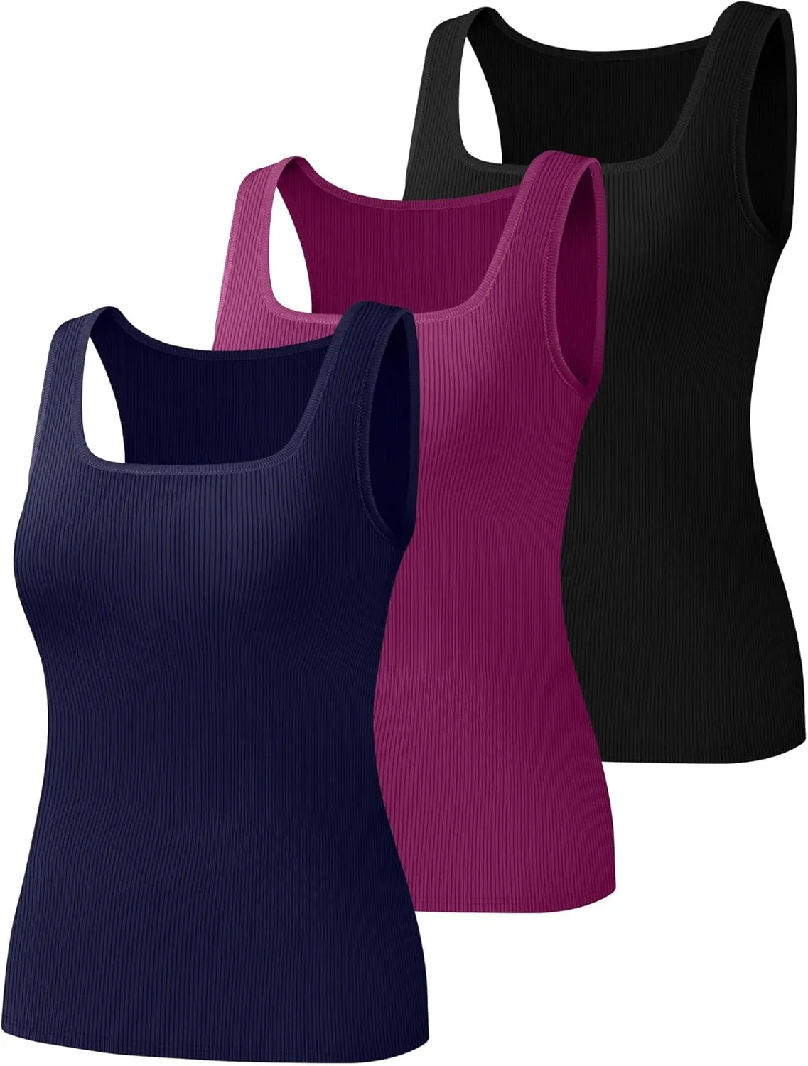 Huukeay 3 Pack Women's Cotton Ribbed Tank Tops, Square Neck Slim Fit Sleeveless Shirts Summer Knit Casual Basic Cami Tee