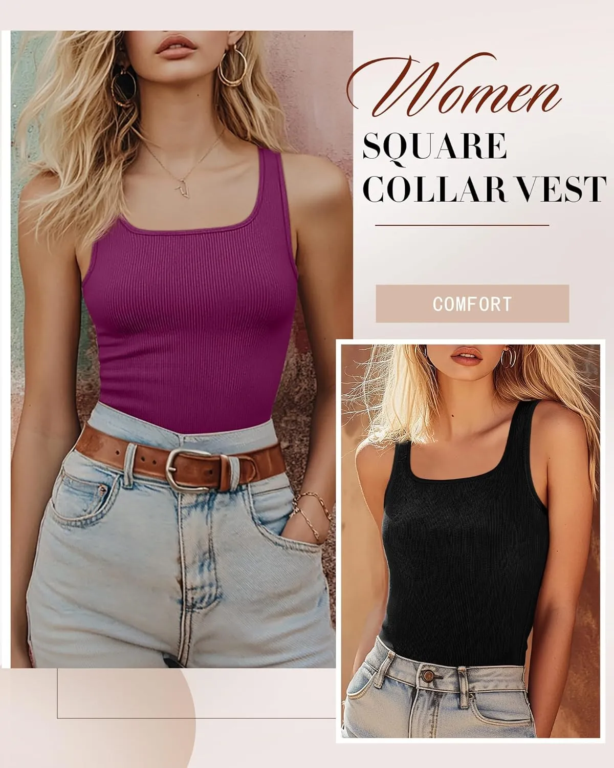 Huukeay 3 Pack Women's Cotton Ribbed Tank Tops, Square Neck Slim Fit Sleeveless Shirts Summer Knit Casual Basic Cami Tee