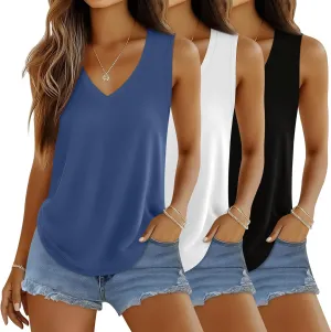 Huukeay 3 Pack Women's Tank Tops V Neck Loose Fit Casual Shirts Flowy Trendy Sleeveless Summer Basic Tee 2025 Fashion