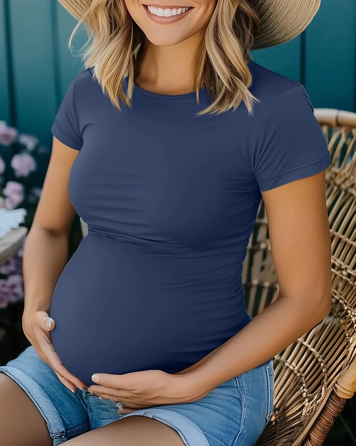 Huukeay 4 Pack Women's Maternity Shirts, Crew Neck Maternity Top Short Sleeve Casual Cotton Tee Side Ruched Pregnancy Clothes