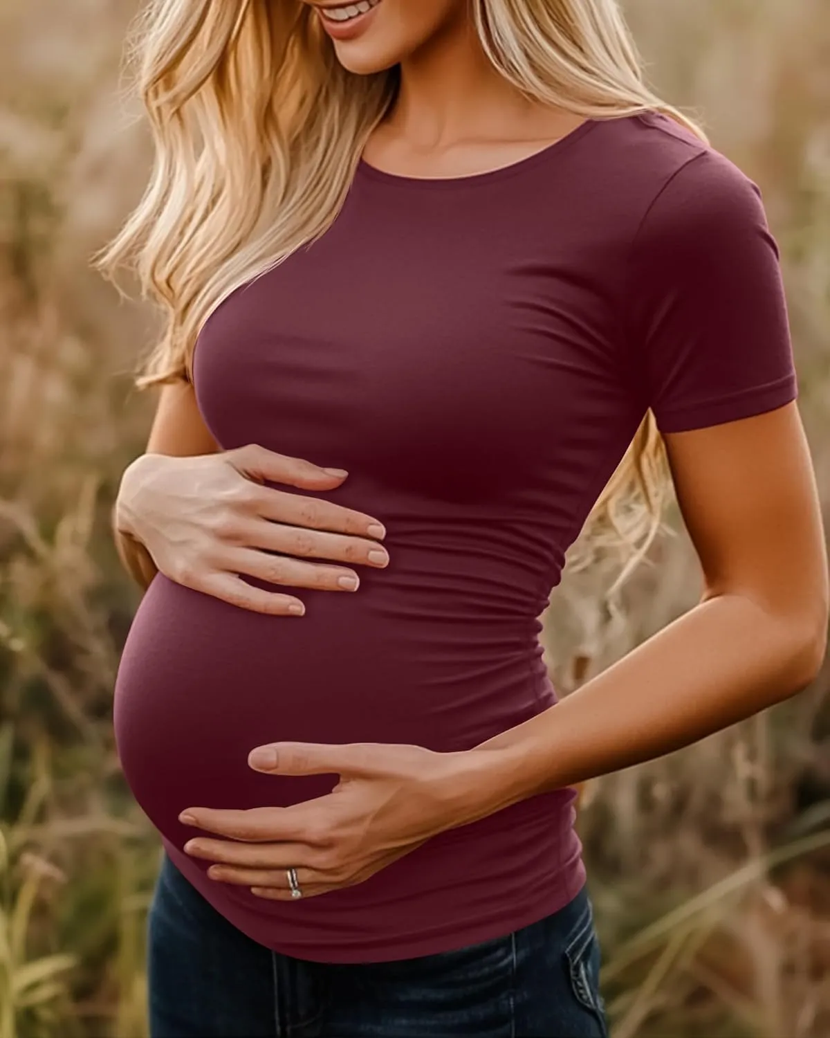 Huukeay 4 Pack Women's Maternity Shirts, Crew Neck Maternity Top Short Sleeve Casual Cotton Tee Side Ruched Pregnancy Clothes