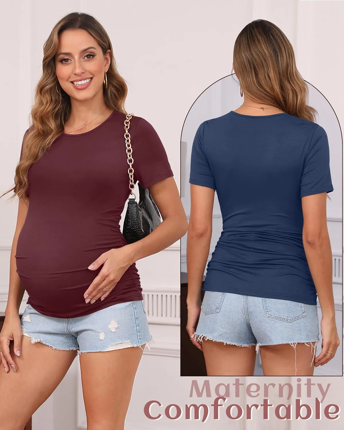 Huukeay 4 Pack Women's Maternity Shirts, Crew Neck Maternity Top Short Sleeve Casual Cotton Tee Side Ruched Pregnancy Clothes