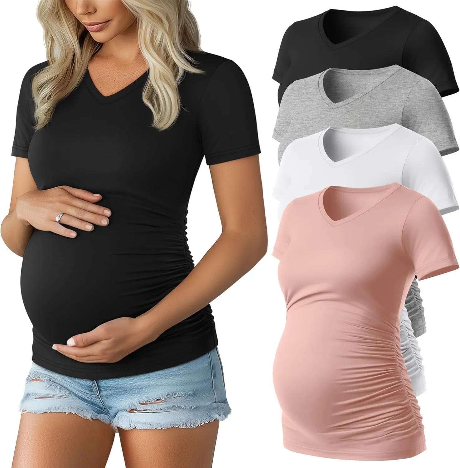 Huukeay 4 Pack Women's Maternity Shirts, V Neck Maternity Top Short Sleeve Casual Cotton Tee Side Ruched Pregnancy Clothes