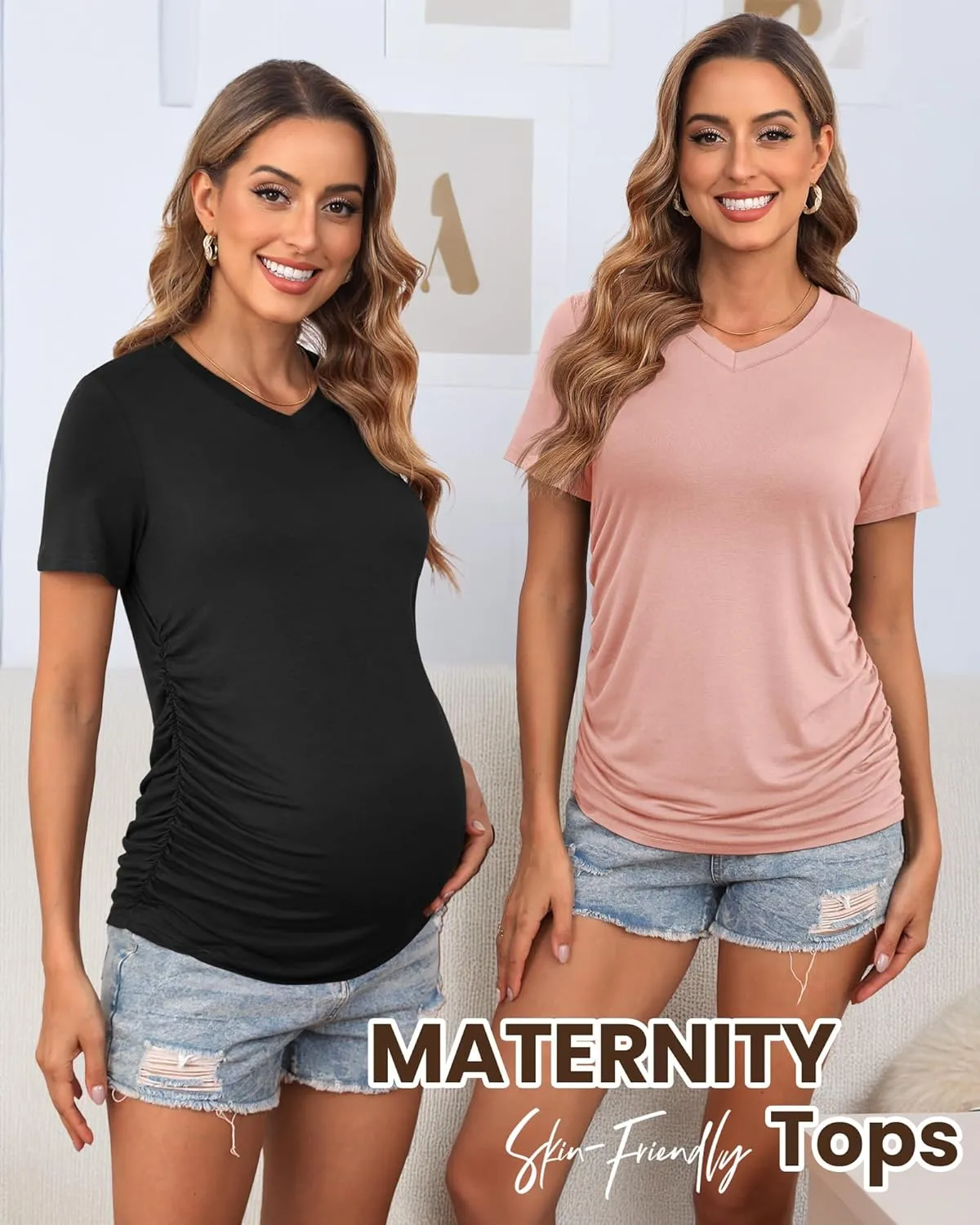 Huukeay 4 Pack Women's Maternity Shirts, V Neck Maternity Top Short Sleeve Casual Cotton Tee Side Ruched Pregnancy Clothes