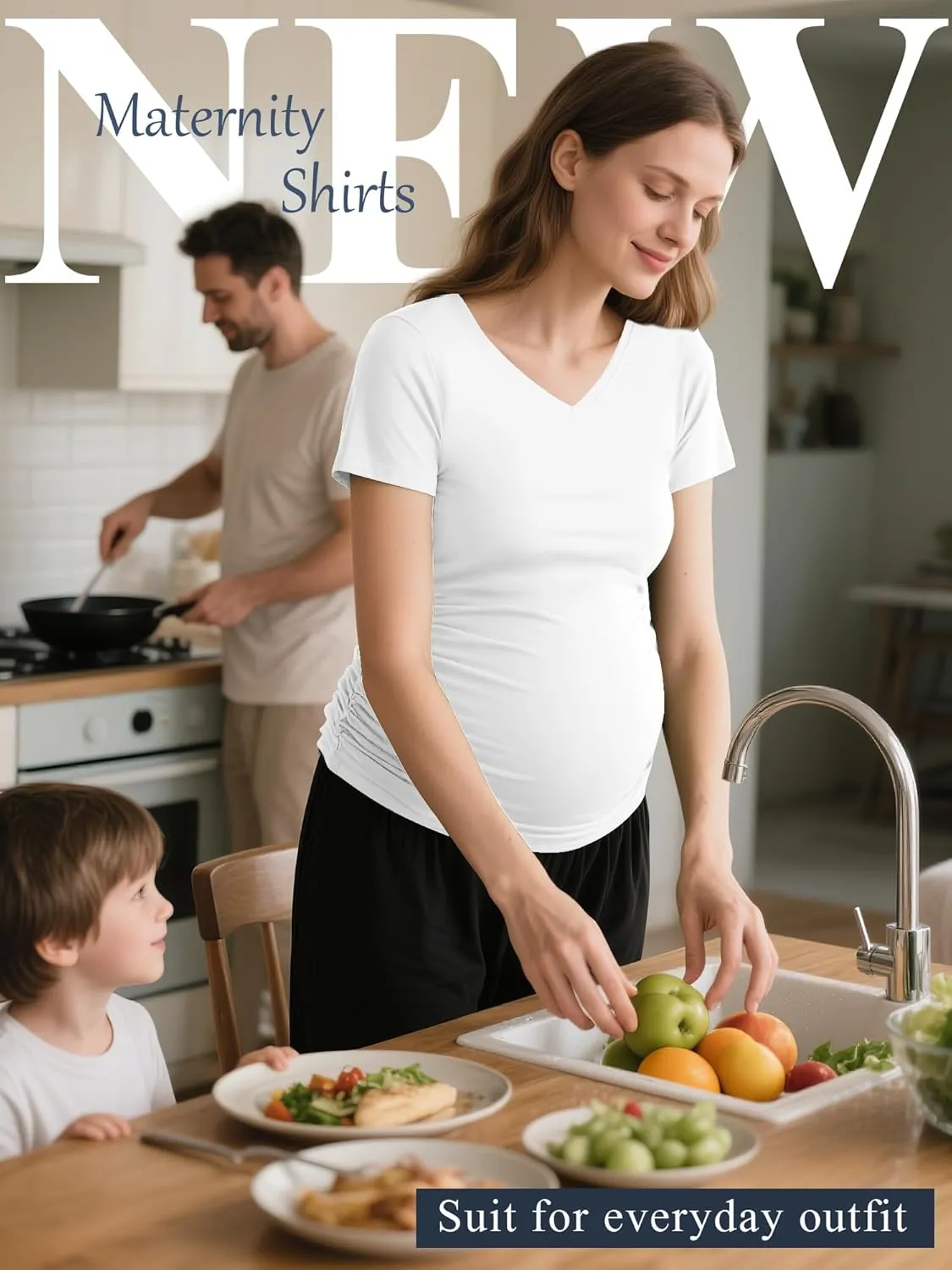Huukeay 4 Pack Women's Maternity Shirts, V Neck Maternity Top Short Sleeve Casual Cotton Tee Side Ruched Pregnancy Clothes