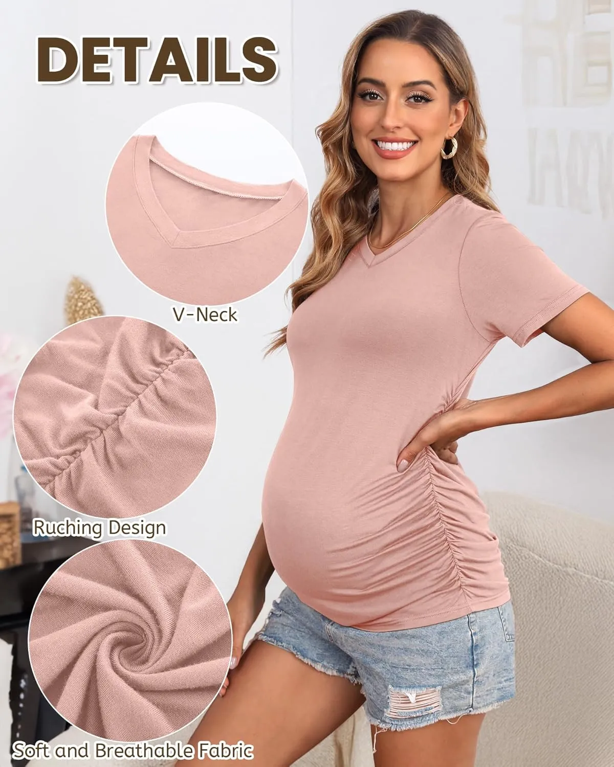 Huukeay 4 Pack Women's Maternity Shirts, V Neck Maternity Top Short Sleeve Casual Cotton Tee Side Ruched Pregnancy Clothes