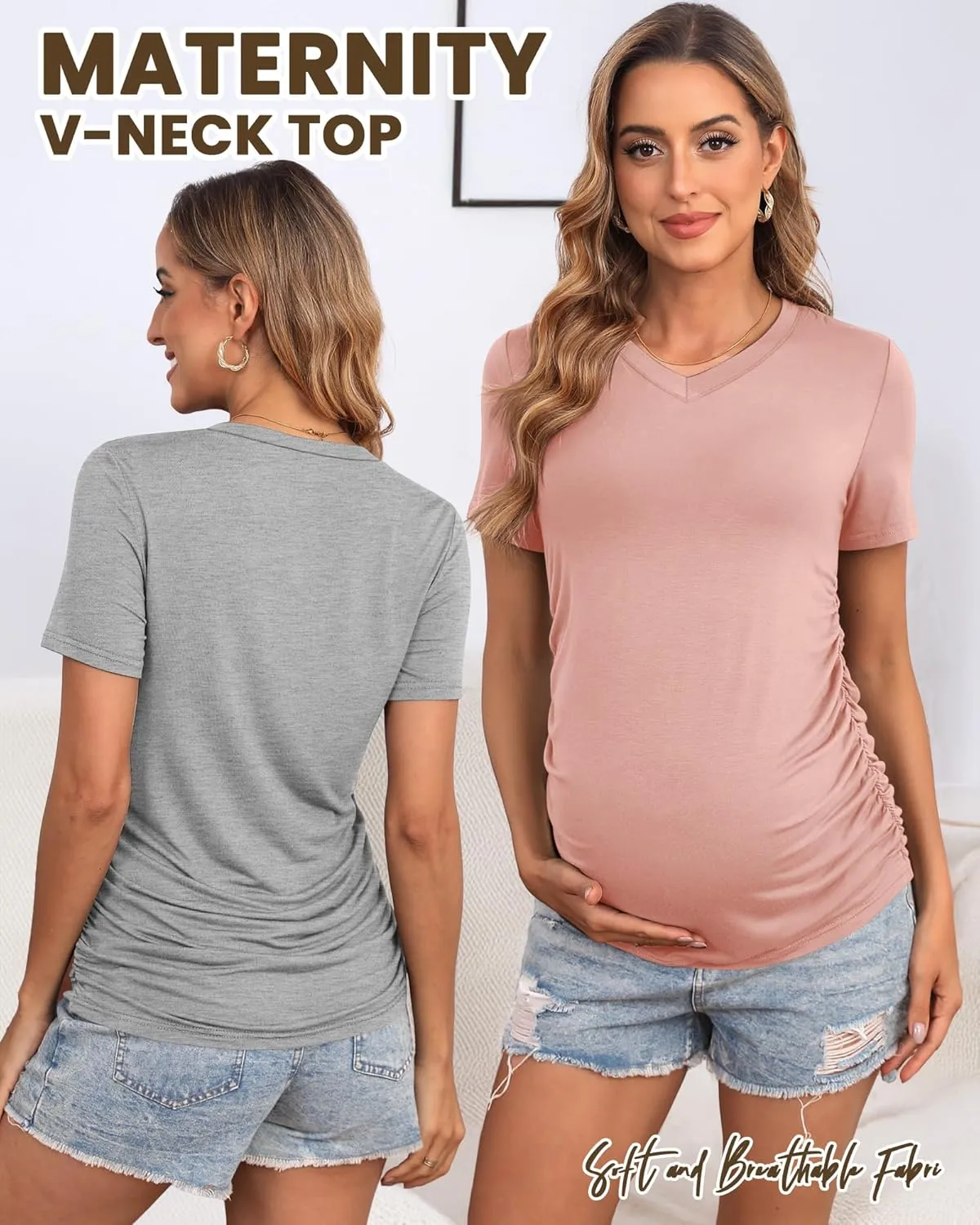 Huukeay 4 Pack Women's Maternity Shirts, V Neck Maternity Top Short Sleeve Casual Cotton Tee Side Ruched Pregnancy Clothes