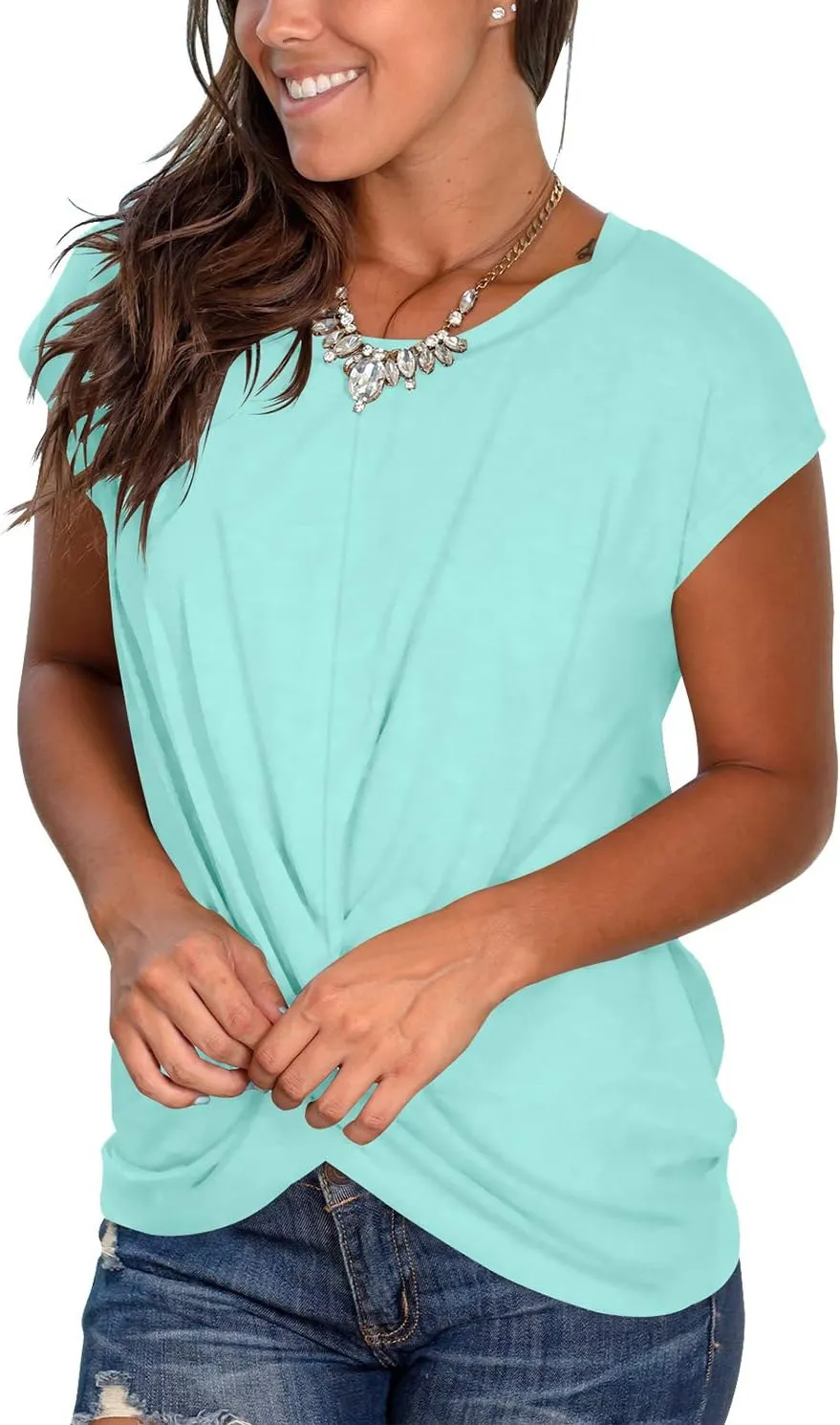 Jescakoo Women's Short Sleeve Round Neck T Shirt Front Twist Tunic Tops Casual Loose Fitted