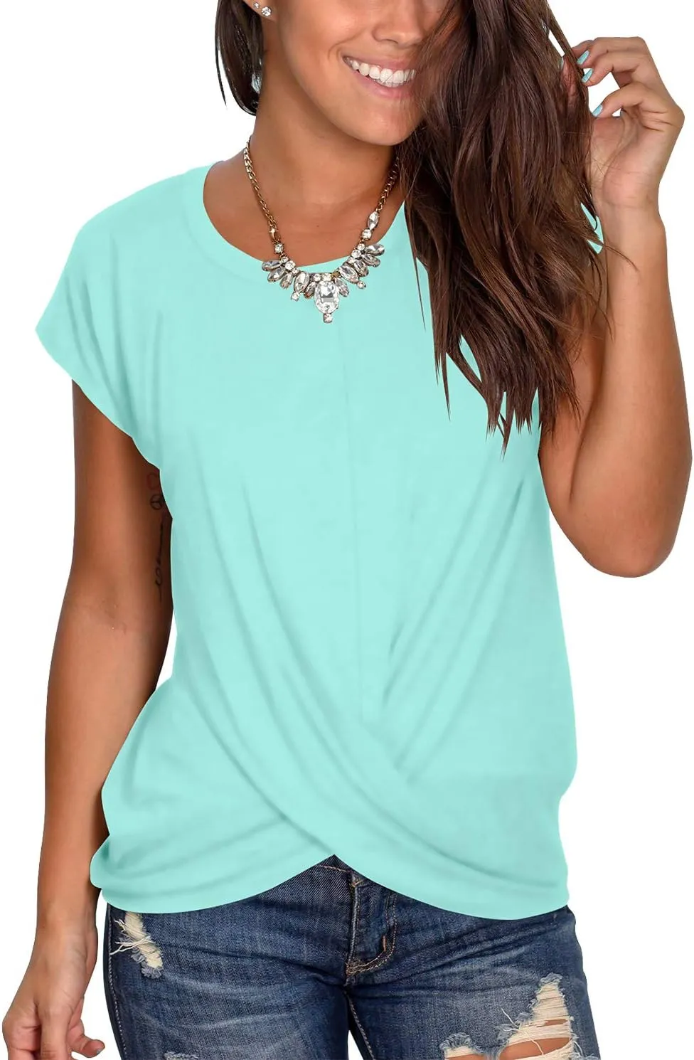 Jescakoo Women's Short Sleeve Round Neck T Shirt Front Twist Tunic Tops Casual Loose Fitted