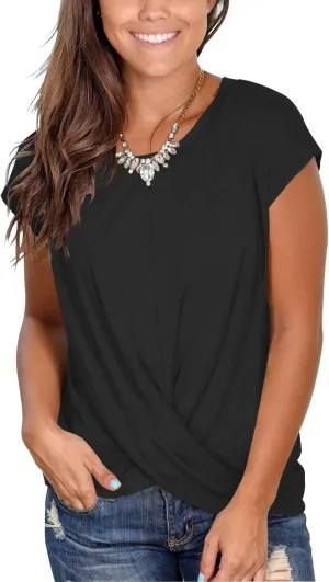 Jescakoo Women's Short Sleeve Round Neck T Shirt Front Twist Tunic Tops Casual Loose Fitted