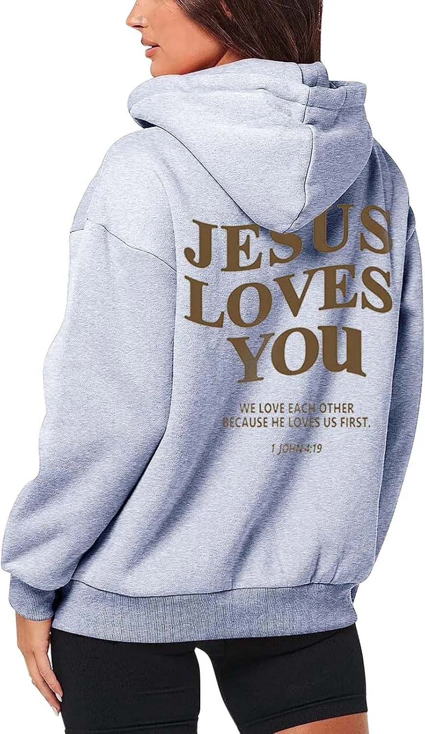 Jesus Loves You Zip Up Christian Hoodies for Women Bible Verse Oversized Long Sleeve Pockets Drawstring Sweatshirts