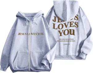 Jesus Loves You Zip Up Christian Hoodies for Women Bible Verse Oversized Long Sleeve Pockets Drawstring Sweatshirts