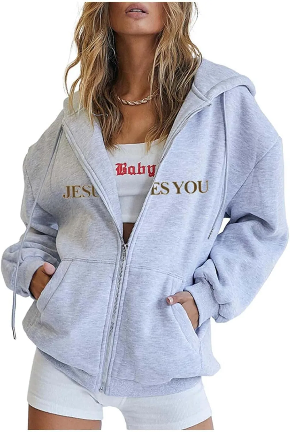 Jesus Loves You Zip Up Christian Hoodies for Women Bible Verse Oversized Long Sleeve Pockets Drawstring Sweatshirts