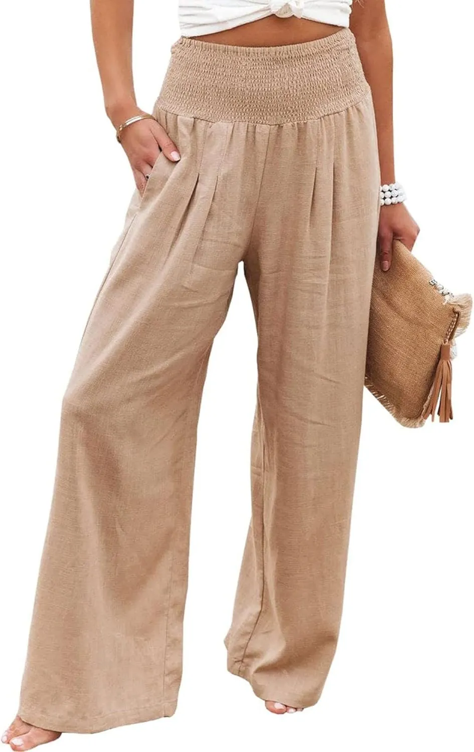 Kubbon Cotton Linen Pants for Women Wide Leg High Waist Pants Casual Stretchy Palazzo Trousers with Pockets Summer Clothes