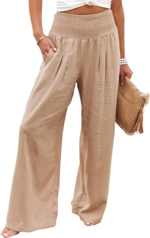 Kubbon Cotton Linen Pants for Women Wide Leg High Waist Pants Casual Stretchy Palazzo Trousers with Pockets Summer Clothes