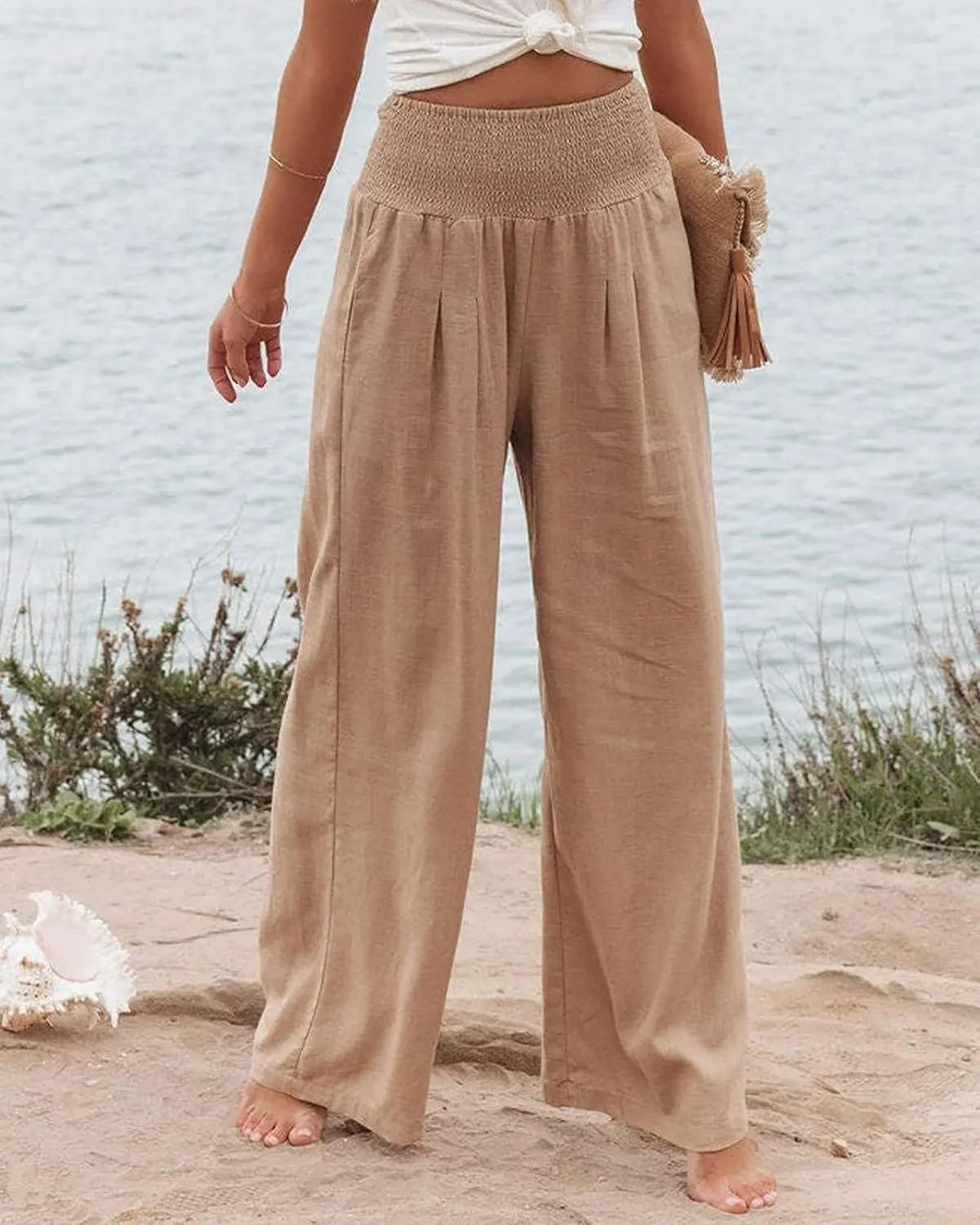 Kubbon Cotton Linen Pants for Women Wide Leg High Waist Pants Casual Stretchy Palazzo Trousers with Pockets Summer Clothes
