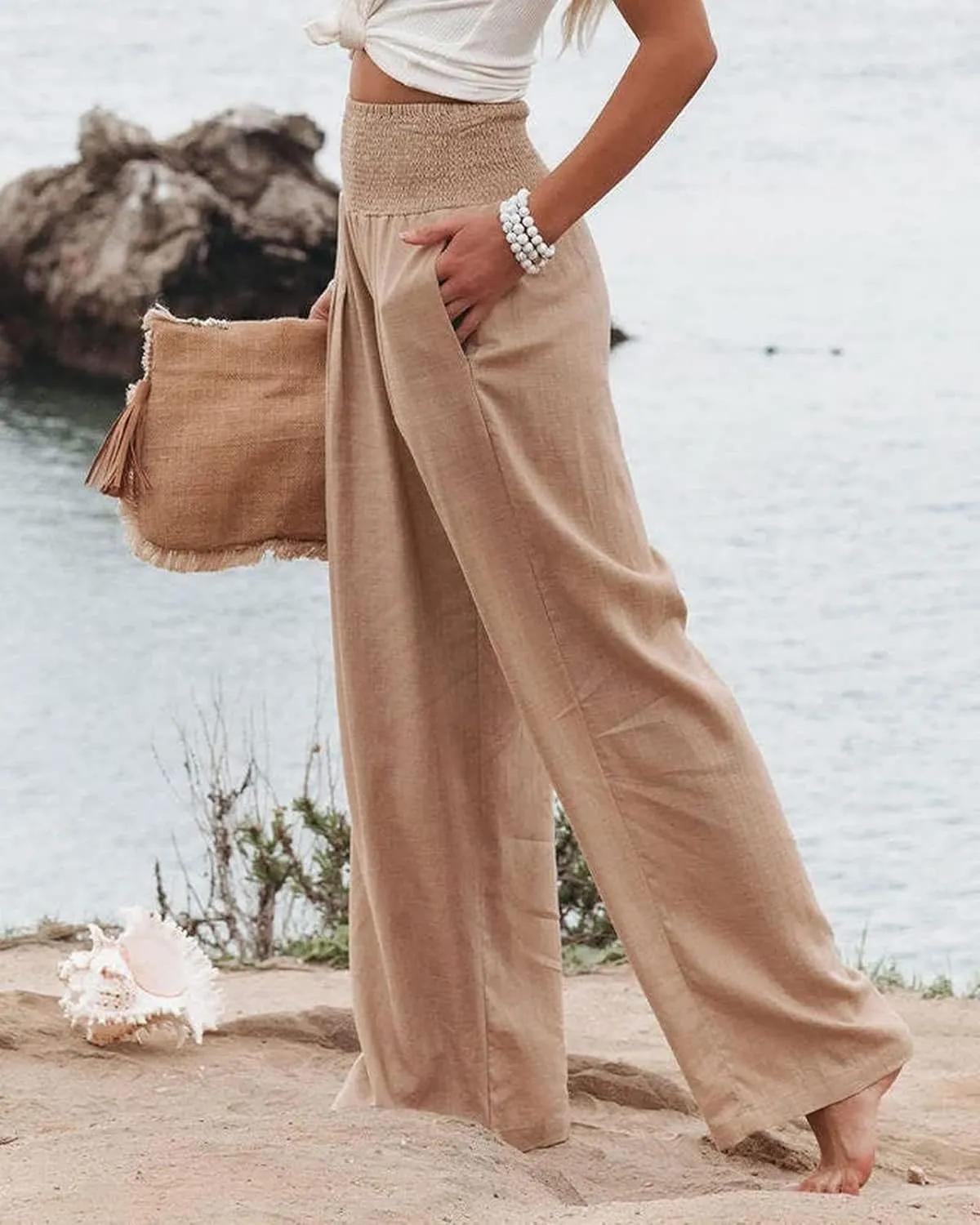 Kubbon Cotton Linen Pants for Women Wide Leg High Waist Pants Casual Stretchy Palazzo Trousers with Pockets Summer Clothes