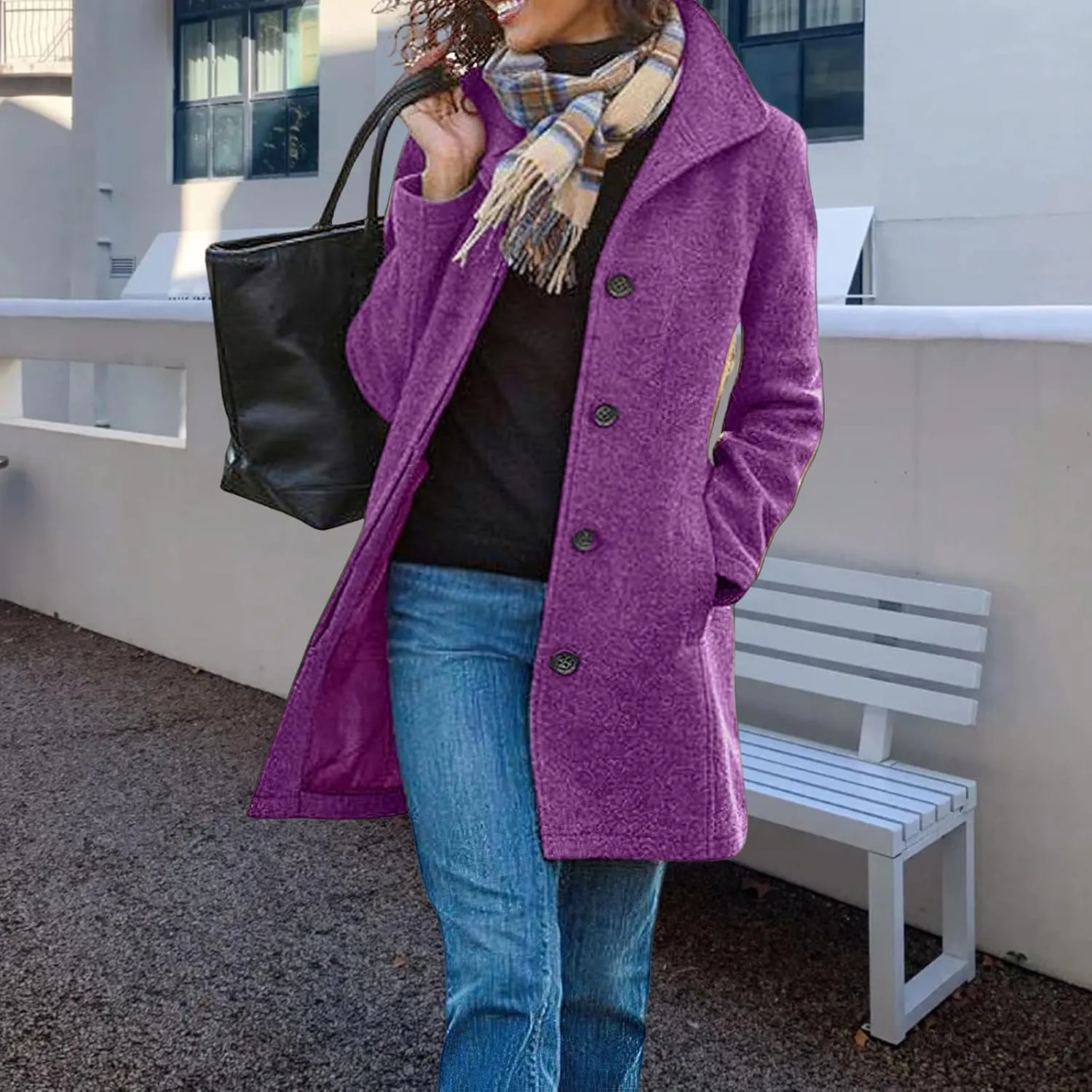 Kubbon Women's Winter Wool Blend Pea Coat Casual Single Breasted Stand Collar Trench Coat Thicken Warm Long Jacket Overcoat