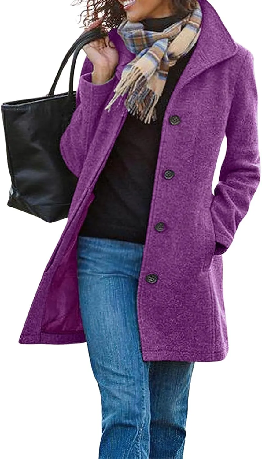 Kubbon Women's Winter Wool Blend Pea Coat Casual Single Breasted Stand Collar Trench Coat Thicken Warm Long Jacket Overcoat