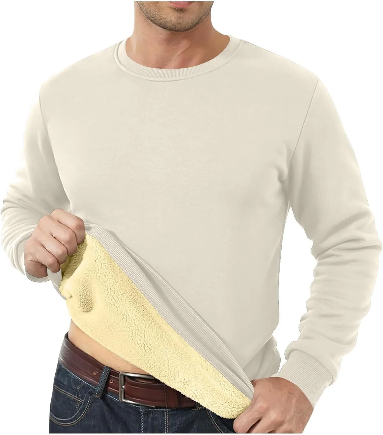 KUIOLYPOER Men's Crewneck Sweatshirt Casual Long Sleeve Solid Fleece Sweatshirt Fall and Winter Warm Sherpa Lined Pullover