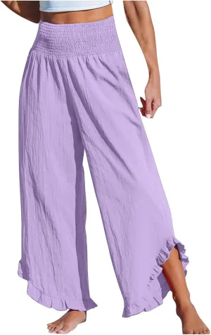 LEMONONSTORE Fashion Women Smocked Paperbag Wide Leg Pants Cute Ruffle Trim Hem Summer Linen Pant Loose Boho Beach Trousers