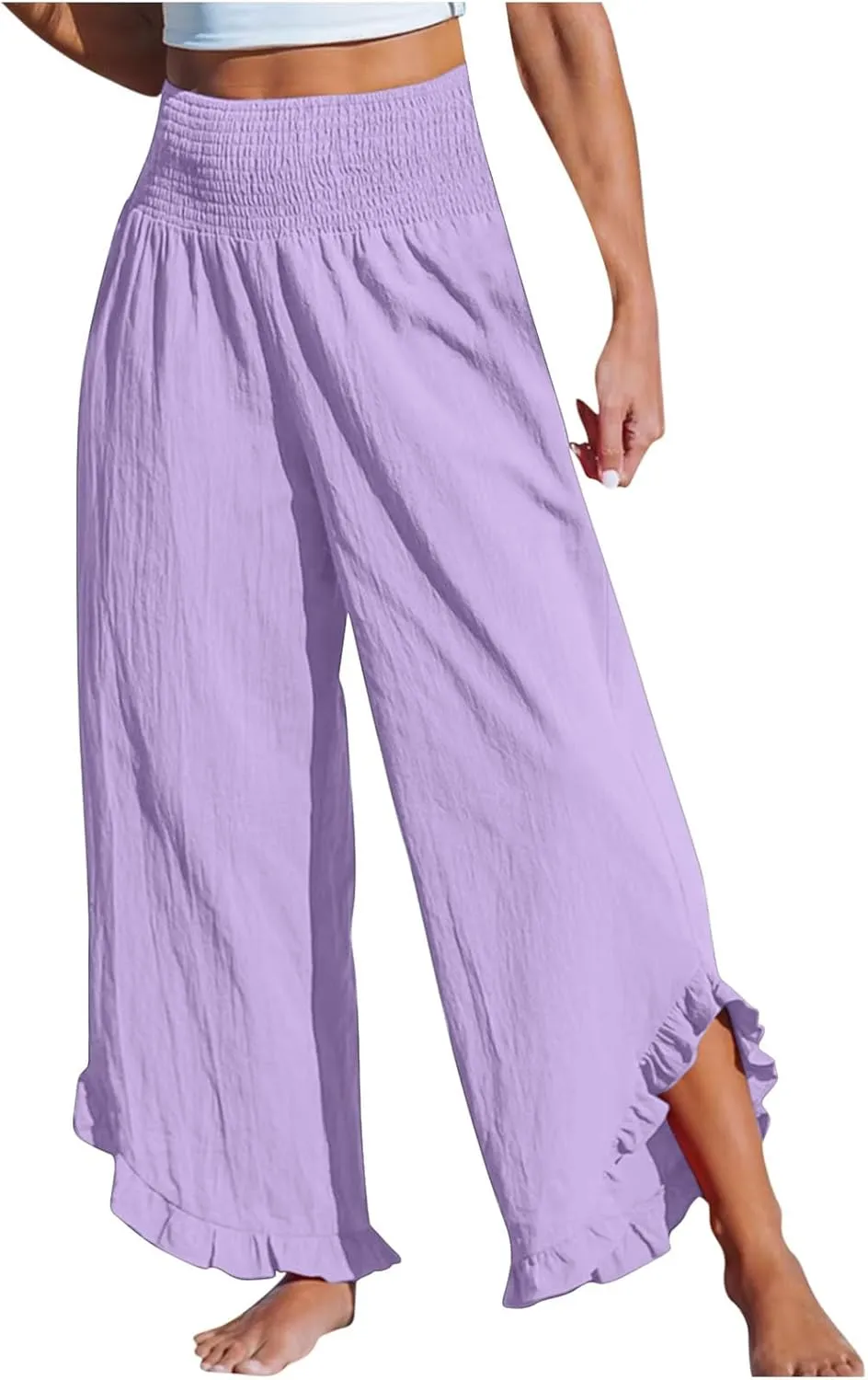 LEMONONSTORE Fashion Women Smocked Paperbag Wide Leg Pants Cute Ruffle Trim Hem Summer Linen Pant Loose Boho Beach Trousers