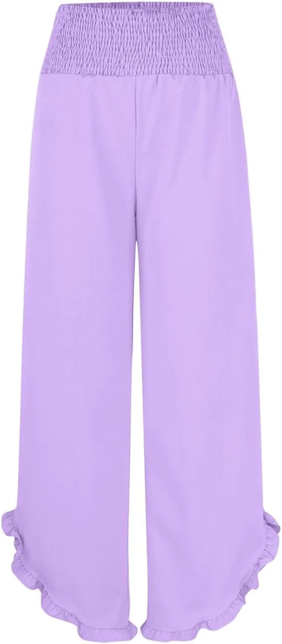 LEMONONSTORE Fashion Women Smocked Paperbag Wide Leg Pants Cute Ruffle Trim Hem Summer Linen Pant Loose Boho Beach Trousers